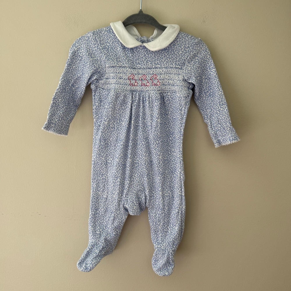 John‎ Lewis Blue Floral Smocked Bunny Footed Sleeper Peter Pan Collar 0-3 Months